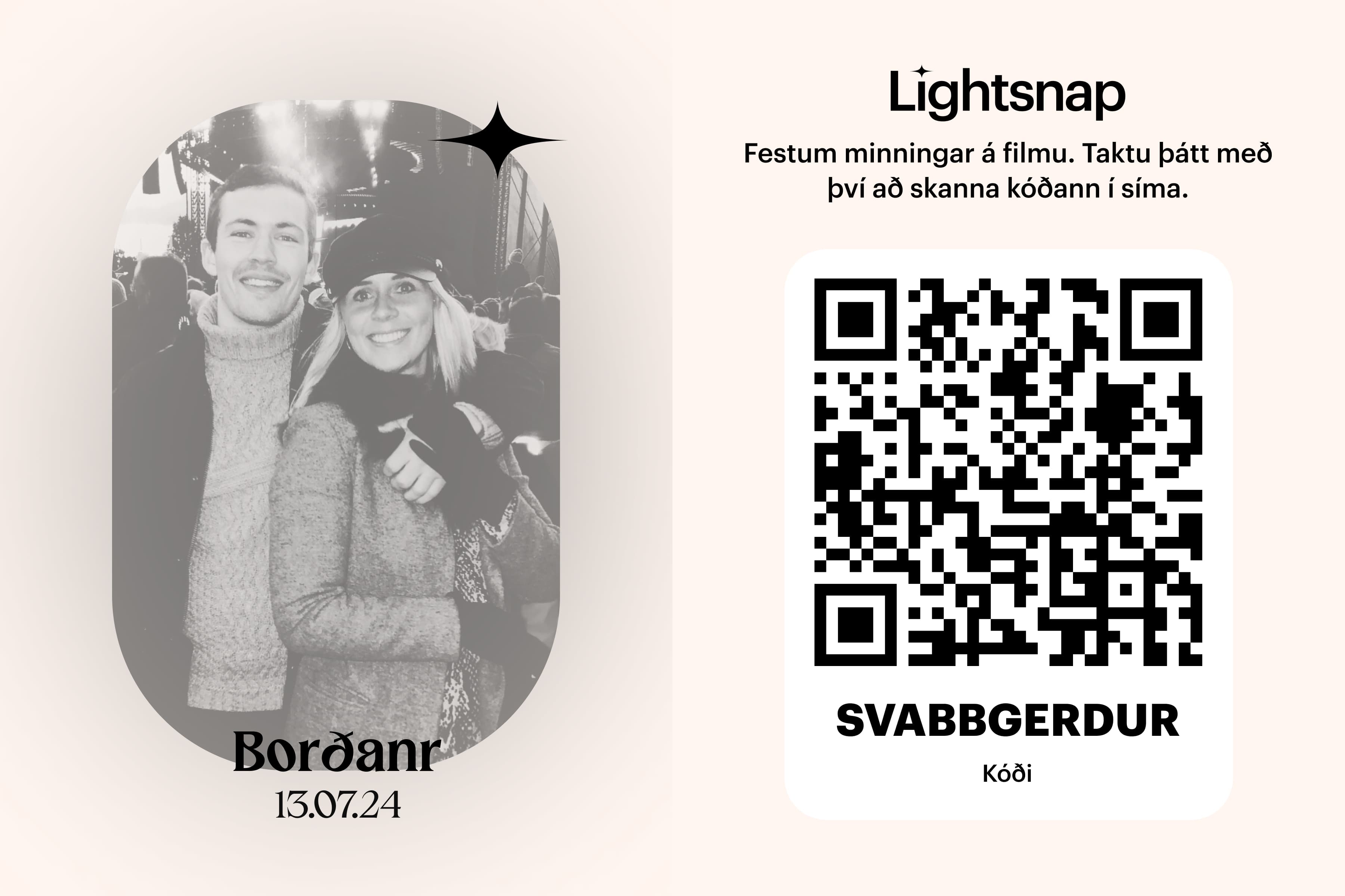 Dæmi um Lightsnap QR spjald fyrir brúðkaup